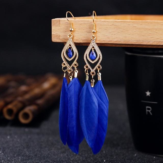 Boucles d’oreilles bohèmes à plumes - Bleu électrique