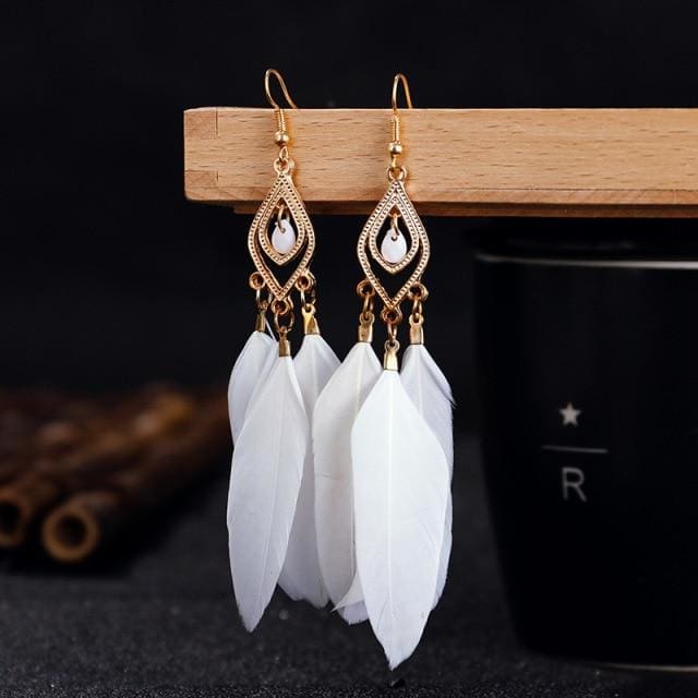Boucles d’oreilles bohèmes à plumes - Blanc pur