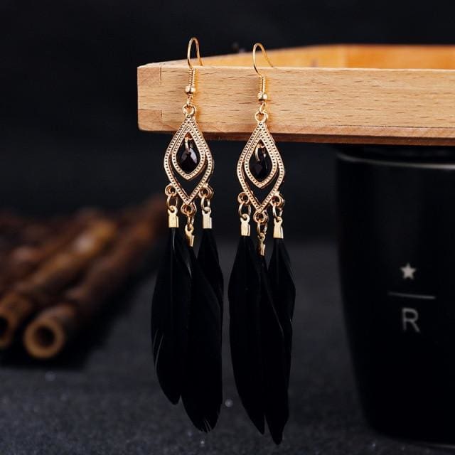 Boucles d’oreilles bohèmes à plumes - Noir