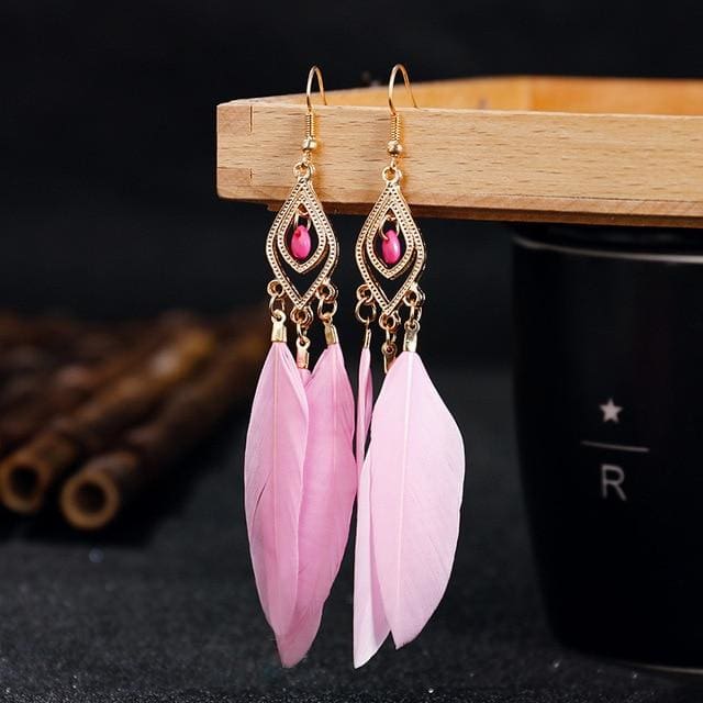 Boucles d’oreilles bohèmes à plumes - Fushia