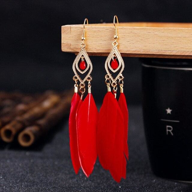 Boucles d’oreilles bohèmes à plumes - Rouge