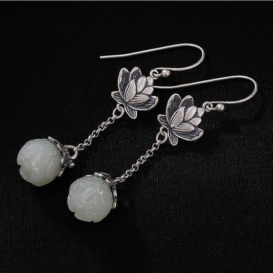 Boucles d’oreilles du Lotus en Jade Blanc - Boucles d’Oreilles