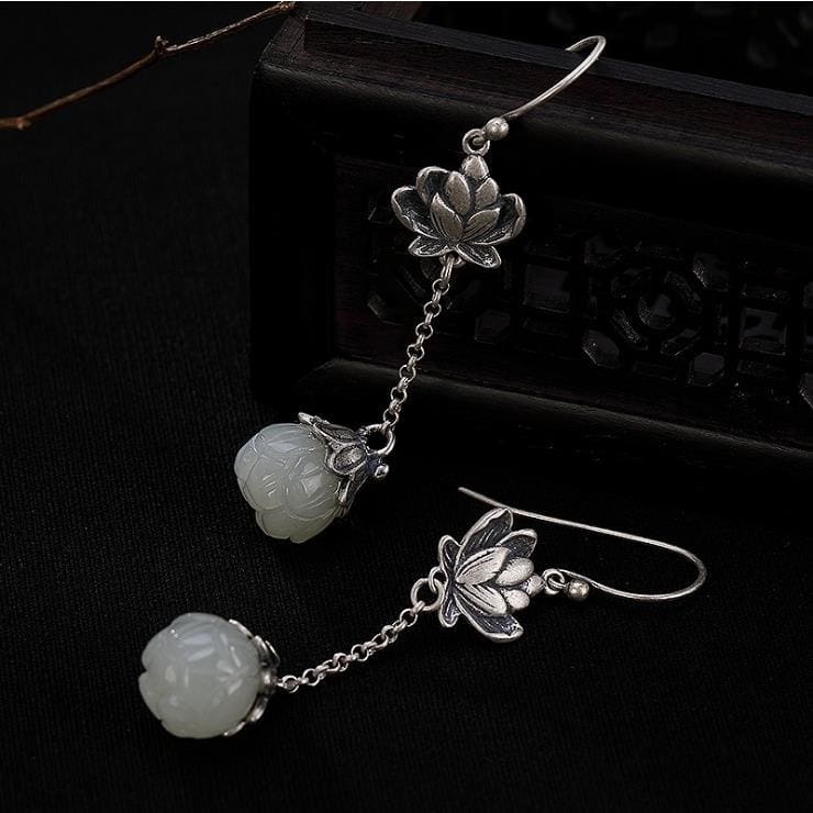 Boucles d’oreilles du Lotus en Jade Blanc - Boucles d’Oreilles