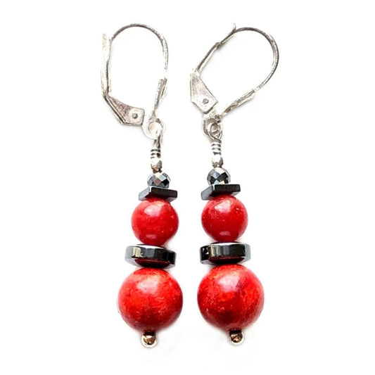 Boucles d’oreilles en Corail d’Indonésie Hématite et Argent - Boucles d’Oreilles