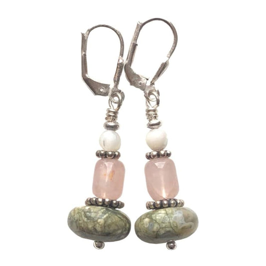 Boucles d’oreilles en Quartz rose Jaspe vert Nacre et Argent - Boucles d’Oreilles