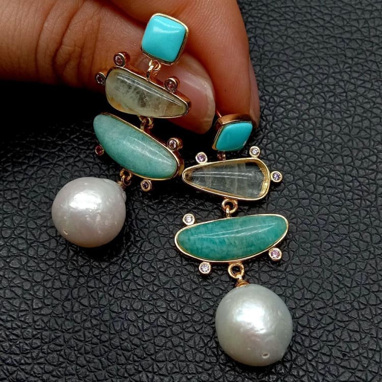 Boucles d’oreilles fantaisistes en turquoise amazonite et perle