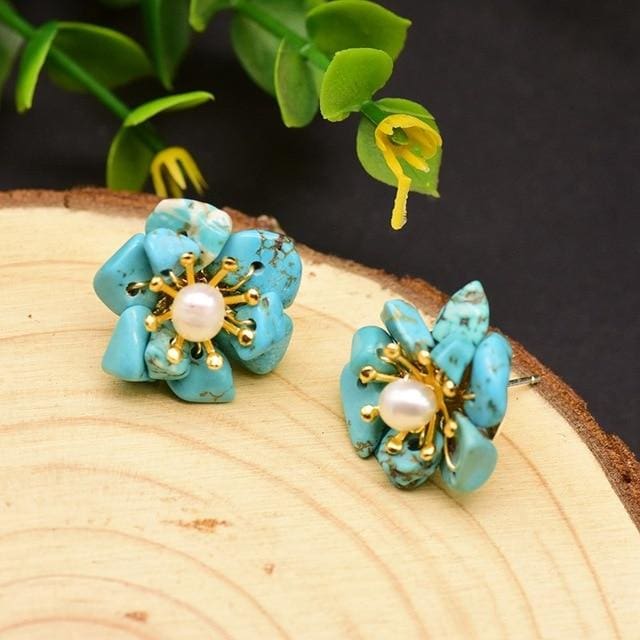 Boucles d’oreilles florale en pierre naturelle - Turquoise - Boucles d’Oreilles