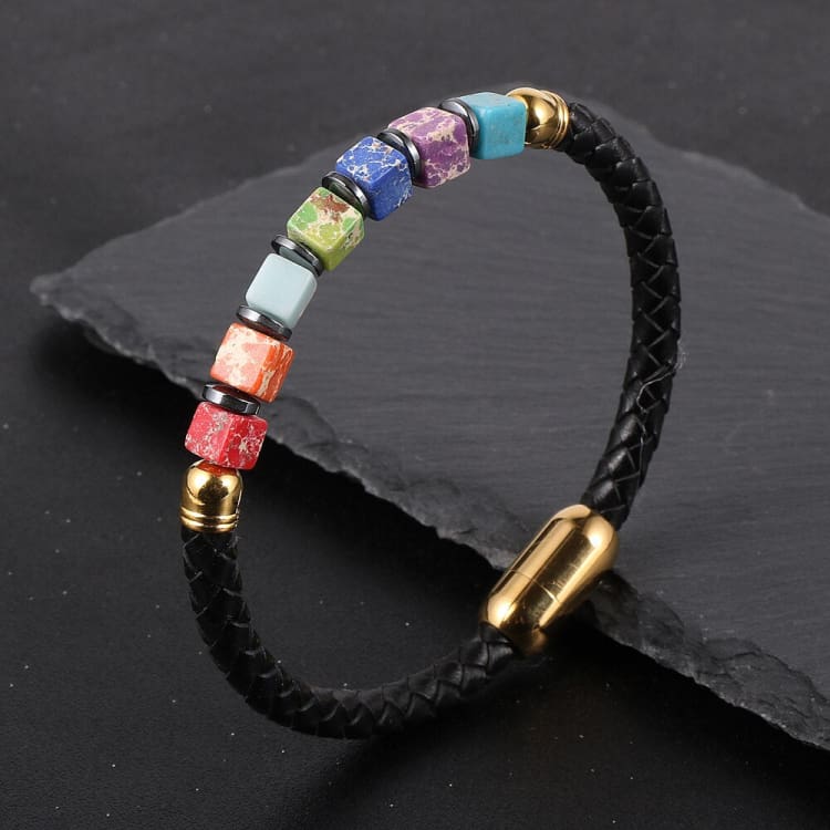 Bracelet en cuir tressé aux couleurs des 7 chakras - Bracelet