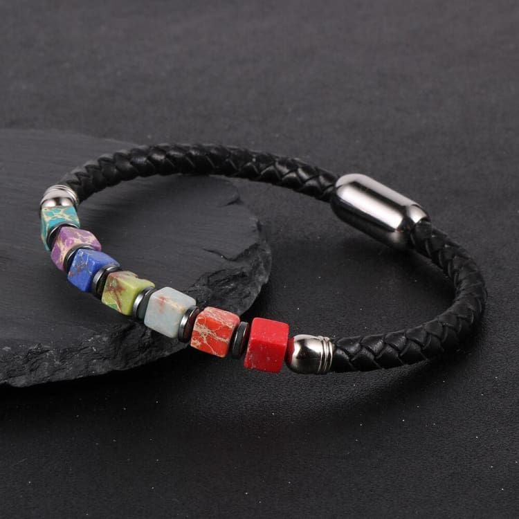 Bracelet en cuir tressé aux couleurs des 7 chakras - Bracelet