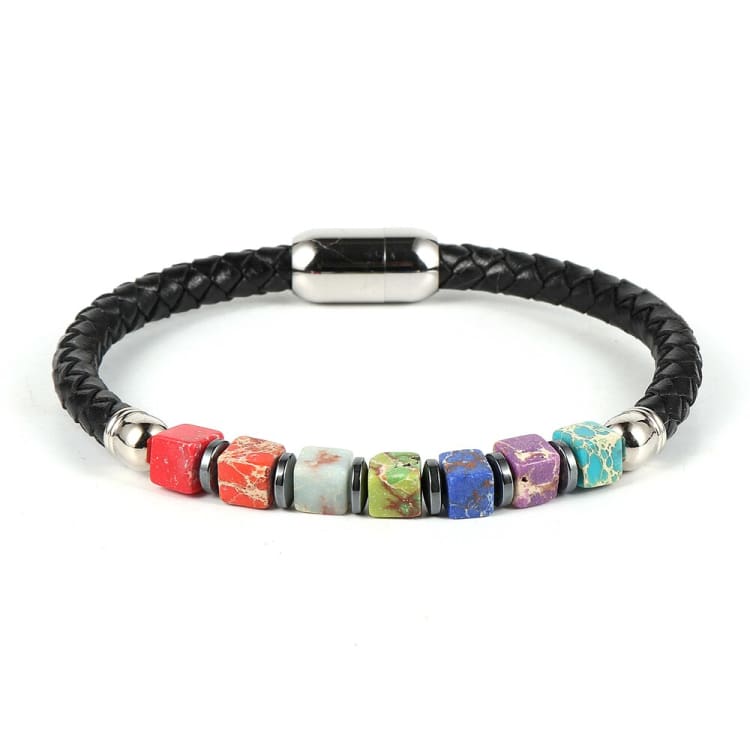 Bracelet en cuir tressé aux couleurs des 7 chakras - Bracelet