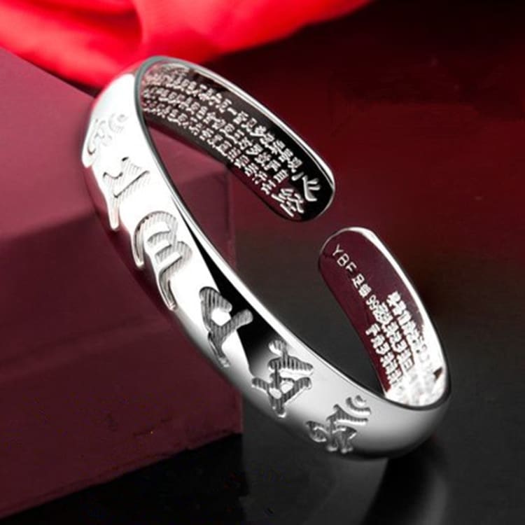Bracelet bouddhiste avec lettres Sanskrit en argent tibétain - Bracelet