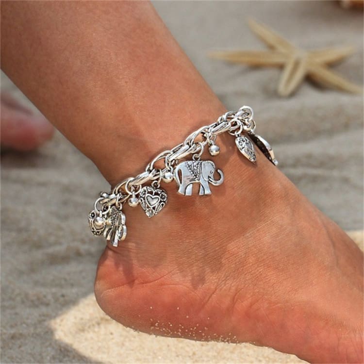 Bracelet de cheville vintage en forme d’éléphant et de cœur - Bracelet