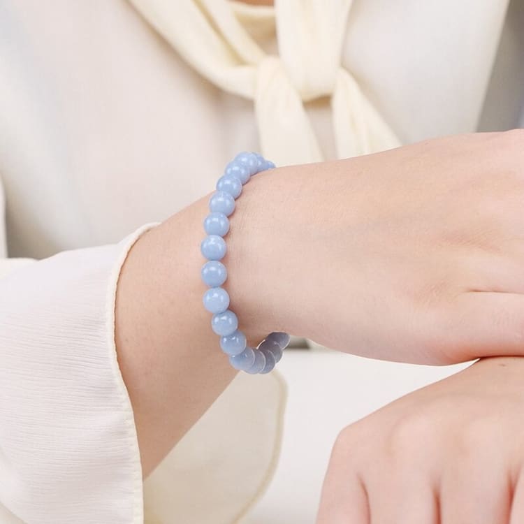 Bracelet Perles Angélite Pierre Naturelle Sur Mesure - Fait Main, Sans Fermoir, Bleu Clair
