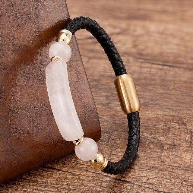 New Charm Men Woman Stone Bracelets Natural Stone Genuine Leather Bracelet For Women And Mens Stainless Steel Jewelry Pulseras - Rose 