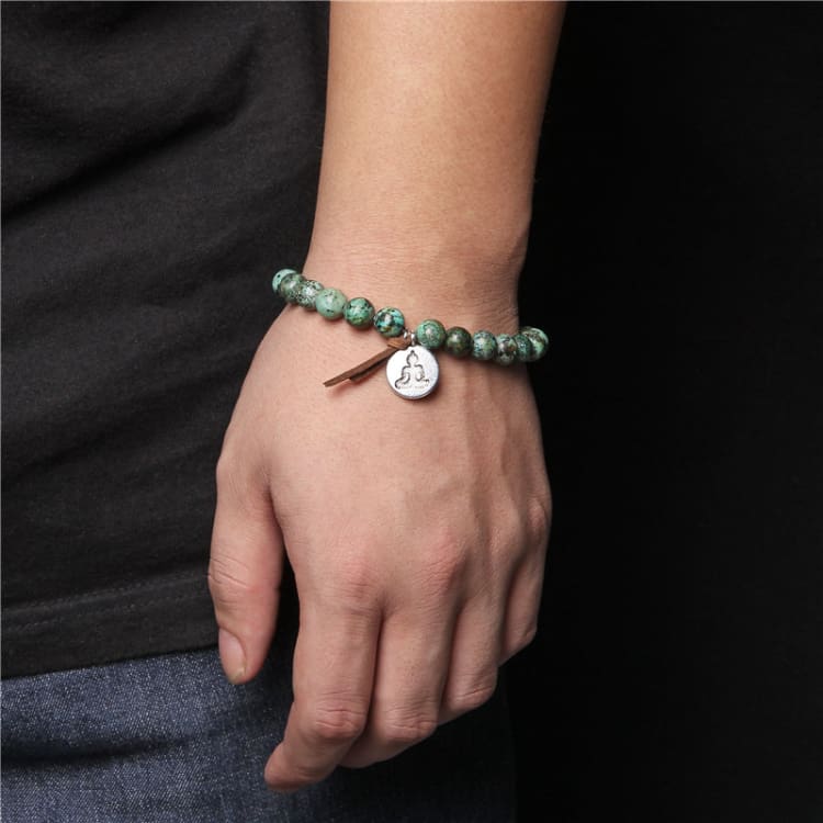 Natural African Turquoises Bracelets For Women Men 6 8 10mm Stone Beads Bracelet Alloy Ball Leaf Charm Vintage Exquisite Jewelry