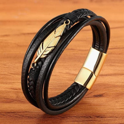 Bracelet enveloppant en cuir ’ plume d’ange ’ - Doré / 19cm
