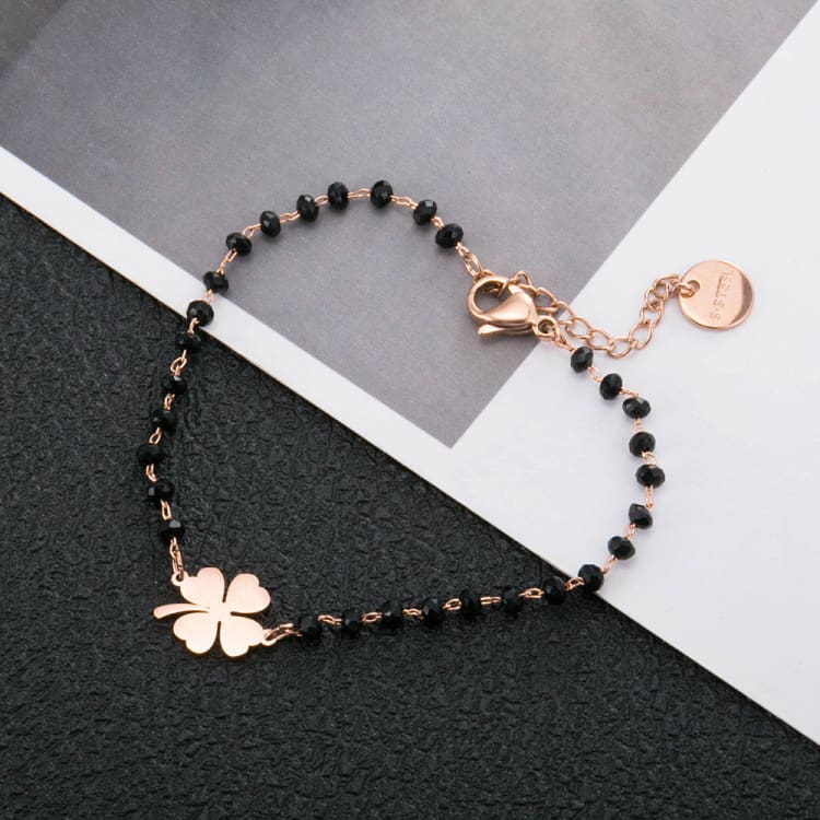 Rose Gold Clover Stainless Steel Charm Bracelets Women's Black Crystal Beads Chain Bracelet Fashion Jewelry 2020 Joyas de mujer