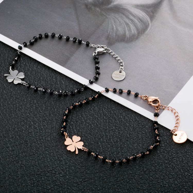 Rose Gold Clover Stainless Steel Charm Bracelets Women&#39;s Black Crystal Beads Chain Bracelet Fashion Jewelry 2020 Joyas de mujer