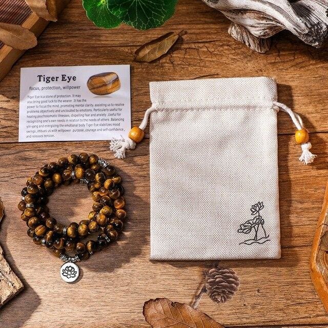 Bracelet Mâla 108 en Œil de Tigre - Lotus - bracelet