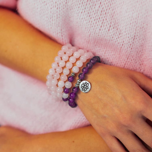 Bracelet Mala «Réconfort & Sérénité» 108 perles en Quartz Rose et Améthyste - Lotus - Bracelet