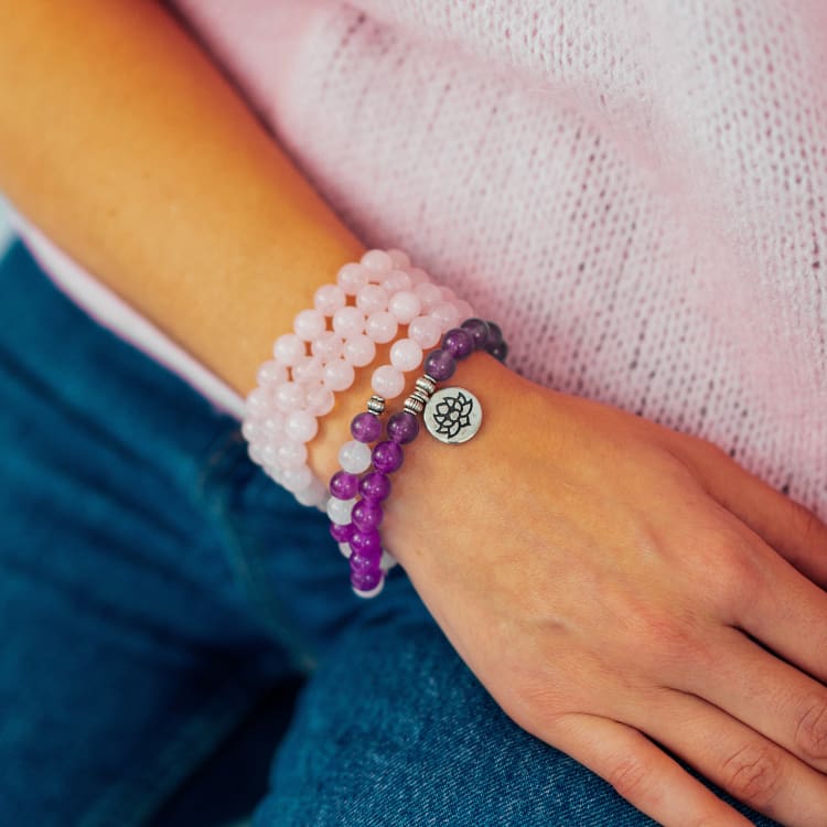 Bracelet Mala «Réconfort & Sérénité» 108 perles en Quartz Rose et Améthyste - Lotus - Bracelet