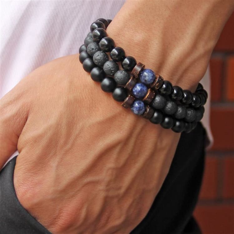 Bracelet pour homme en perle de lave et obsidienne