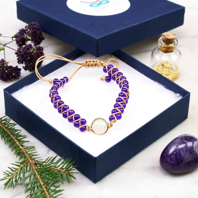 Bracelet tressé en Améthyste orné d’une fine opale - Bracelet