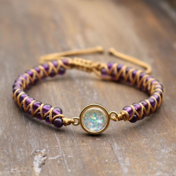 Bracelet tressé en Améthyste orné dune fine opale - Bracelet
