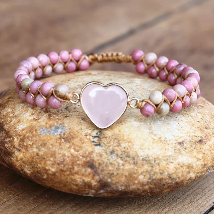 Bracelet tressé en Rhodonite et Quartz Rose