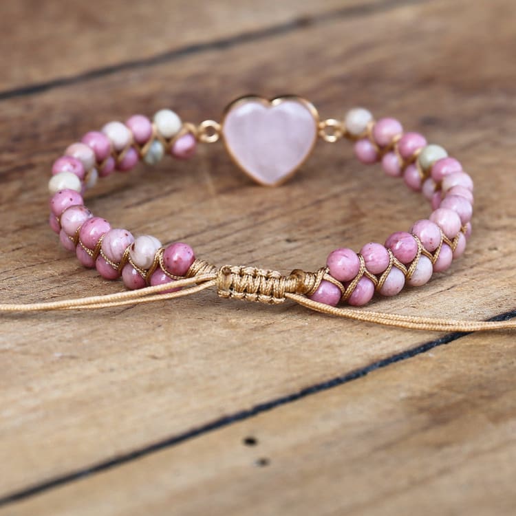 Bracelet tressé en Rhodonite et Quartz Rose