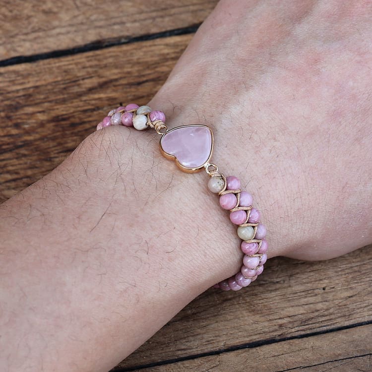 Bracelet tressé en Rhodonite et Quartz Rose