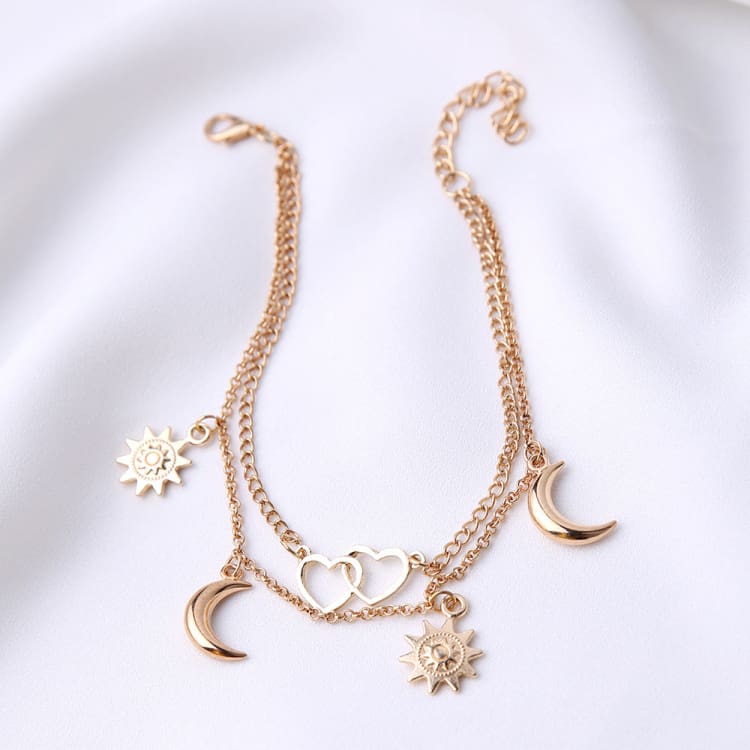 Bracelets de cheville à deux couches avec coeur lune et soleil - Or - Bracelet