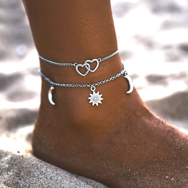 Bracelets de cheville à deux couches avec coeur lune et soleil - Bracelet