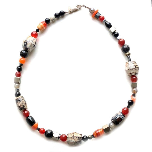 Collier Agate Cornaline Onyx Pyrite et Argent - Collier