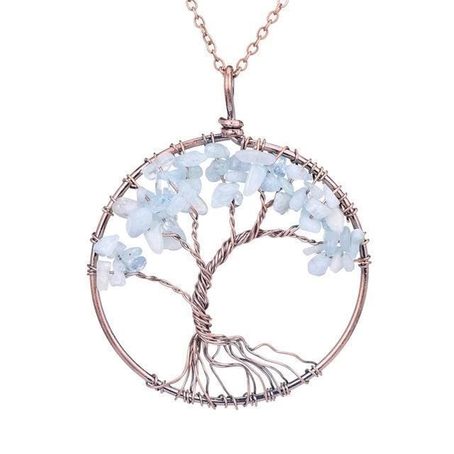 Collier Arbre De Vie 7 Chakras Pierres Naturelles Brutes (11 Pierres) - Aquamarine - Collier