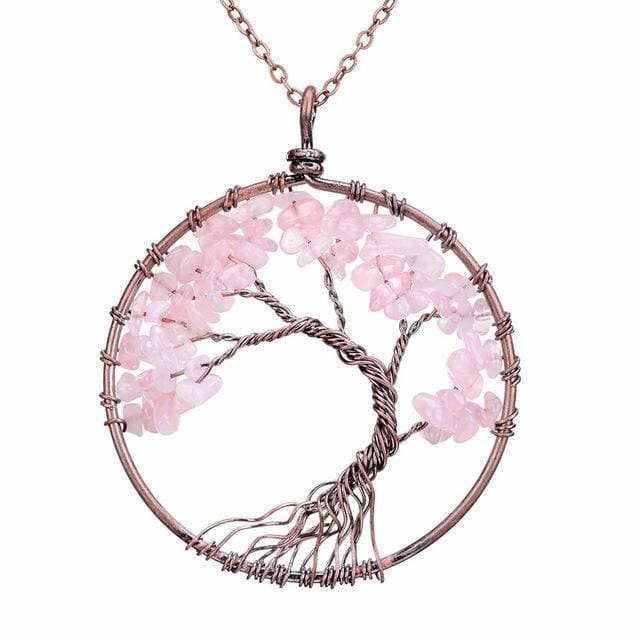 Collier Arbre De Vie 7 Chakras Pierres Naturelles Brutes (11 Pierres) - Quartz Rose - Collier
