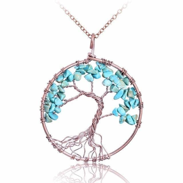 Collier Arbre De Vie 7 Chakras Pierres Naturelles Brutes (11 Pierres) - Turquoise - Collier