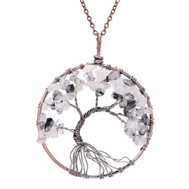 Collier Arbre De Vie 7 Chakras Pierres Naturelles Brutes (11 Pierres) - Quartz Noir - Collier