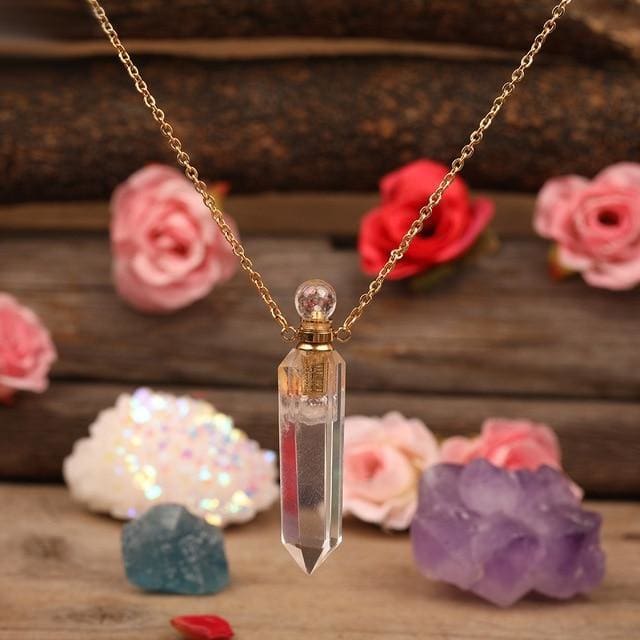 Collier avec diffuseur de parfum en Cristal de Roche - Dorée - collier
