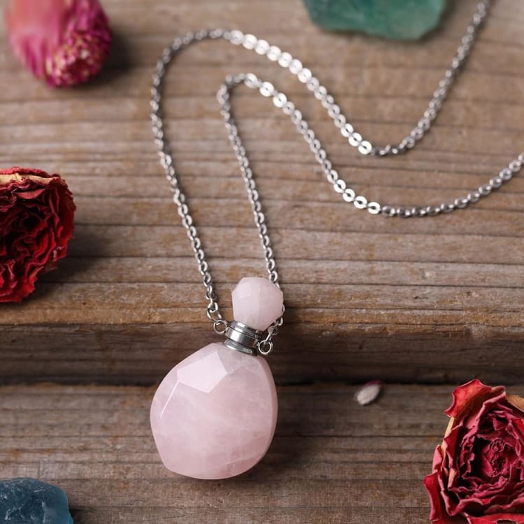 Collier avec pendentif diffuseur de parfum en pierre naturelle - Quartz Rose - Argenté - collier