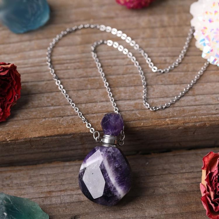 Collier avec pendentif diffuseur de parfum en pierre naturelle - Améthyste - Argenté - collier