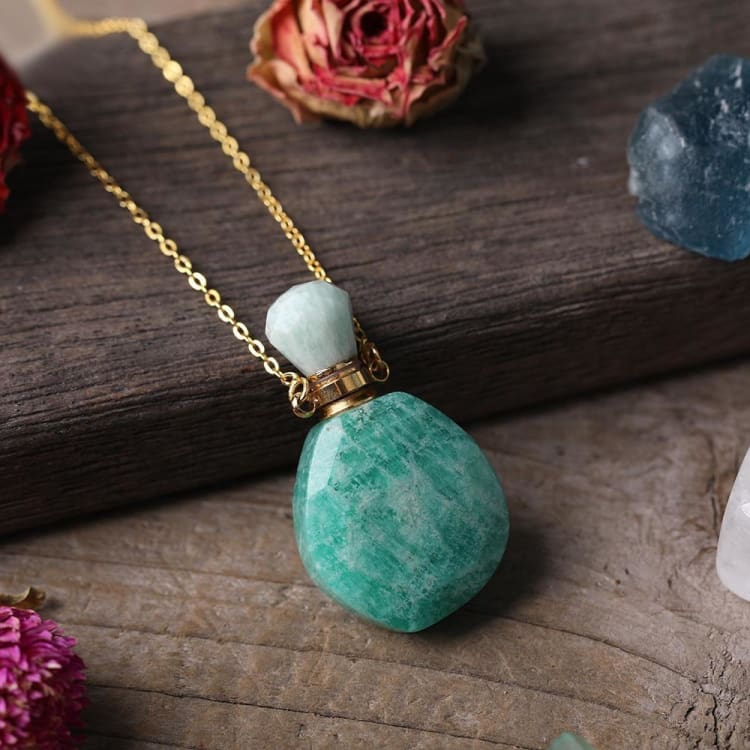 Collier avec pendentif diffuseur de parfum en pierre naturelle - Amazonite - Doré - collier