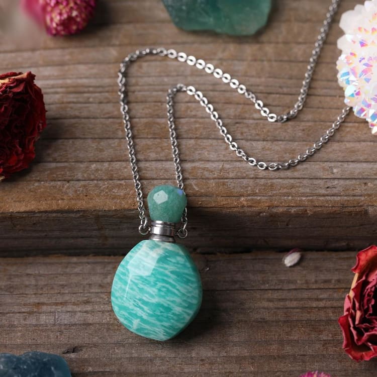 Collier avec pendentif diffuseur de parfum en pierre naturelle - Amazonite - Argenté - collier
