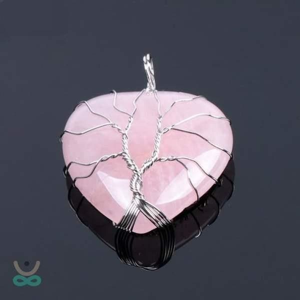 Collier Cur de lArbre de Vie en Pierre Naturelle (8 pierres) - Quartz Rose / Pendentif - Collier