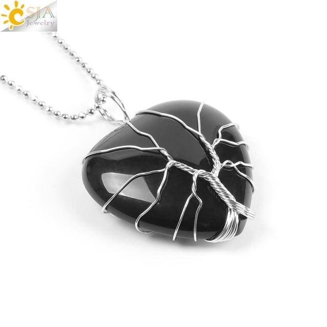 Collier Cur de lArbre de Vie en Pierre Naturelle (8 pierres) - Black Agate Chain - Collier