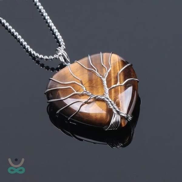 Collier Cur de lArbre de Vie en Pierre Naturelle (8 pierres) - Tiger Eye Chain / Pendentif - Collier