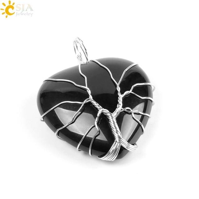 Collier Cur de lArbre de Vie en Pierre Naturelle (8 pierres) - Black Agate - Collier