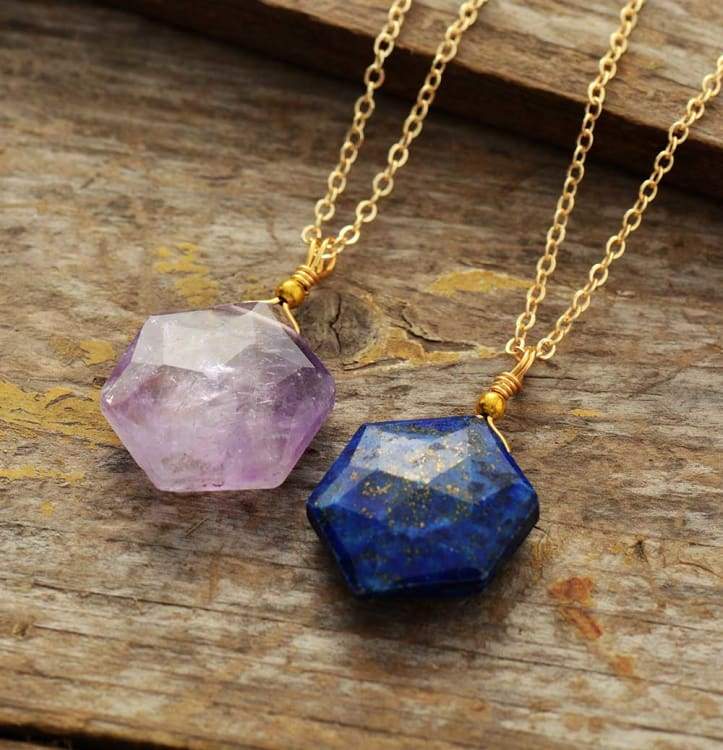Exquisite Simple Natural Stones Hexagon Lapis Amethysts Pendant Chain Necklace Women Luxury Choker Necklace OL Jewelry Wholesale