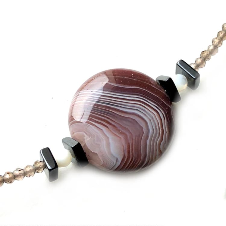 Collier en Agate Onyx Quartz fumé Nacre Tourmaline et Argent - Collier