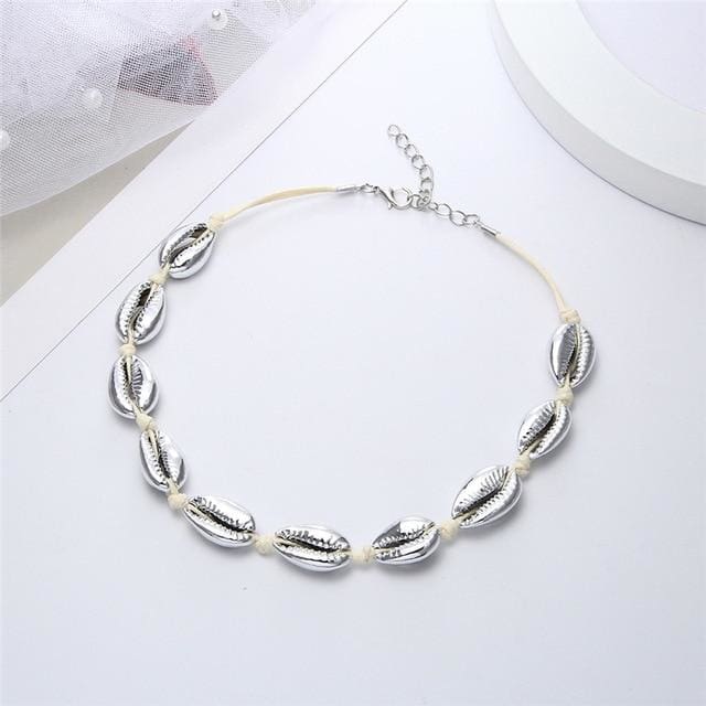 Collier ras du cou en coquillages Cauri - Argenté Blanc